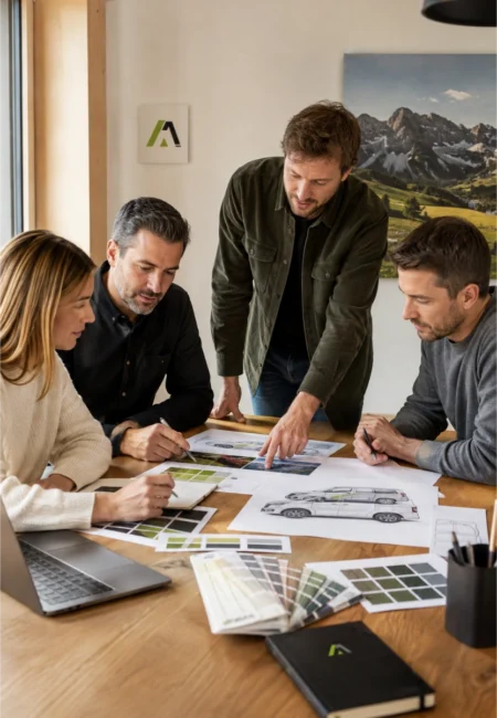 Team bespricht das Farb und Kfz Design für einen Kunden